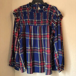Sugarlips Plus Long Sleeve Mock Neck Navy Blue Plaid Top w/ Ruffle Details